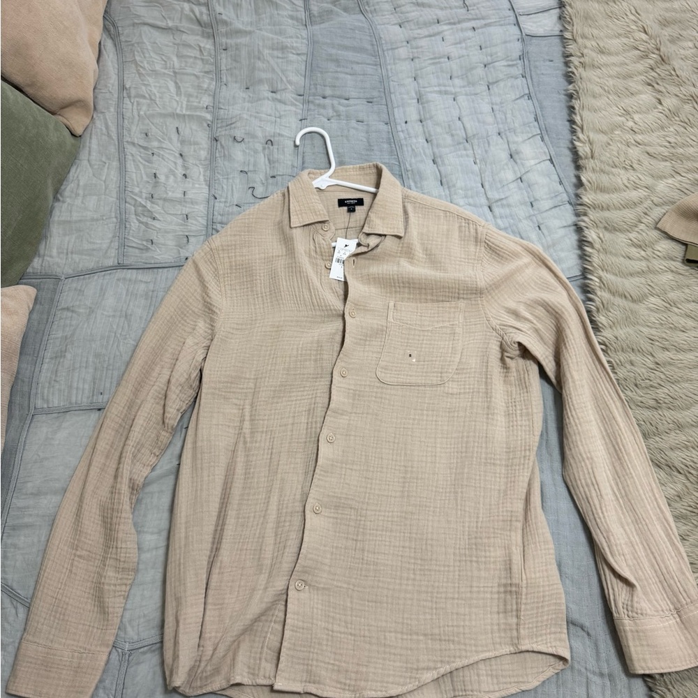 Men's tan Express long sleeve button down shirt (size small, brand new with tags